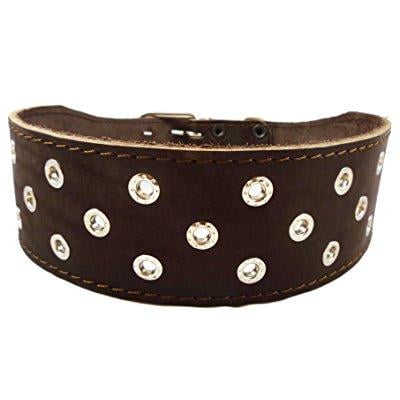 3 extra wide heavy duty genuine leather studded brown leather collar. fits 20-24.5 neck. for large breeds - rottweiler,