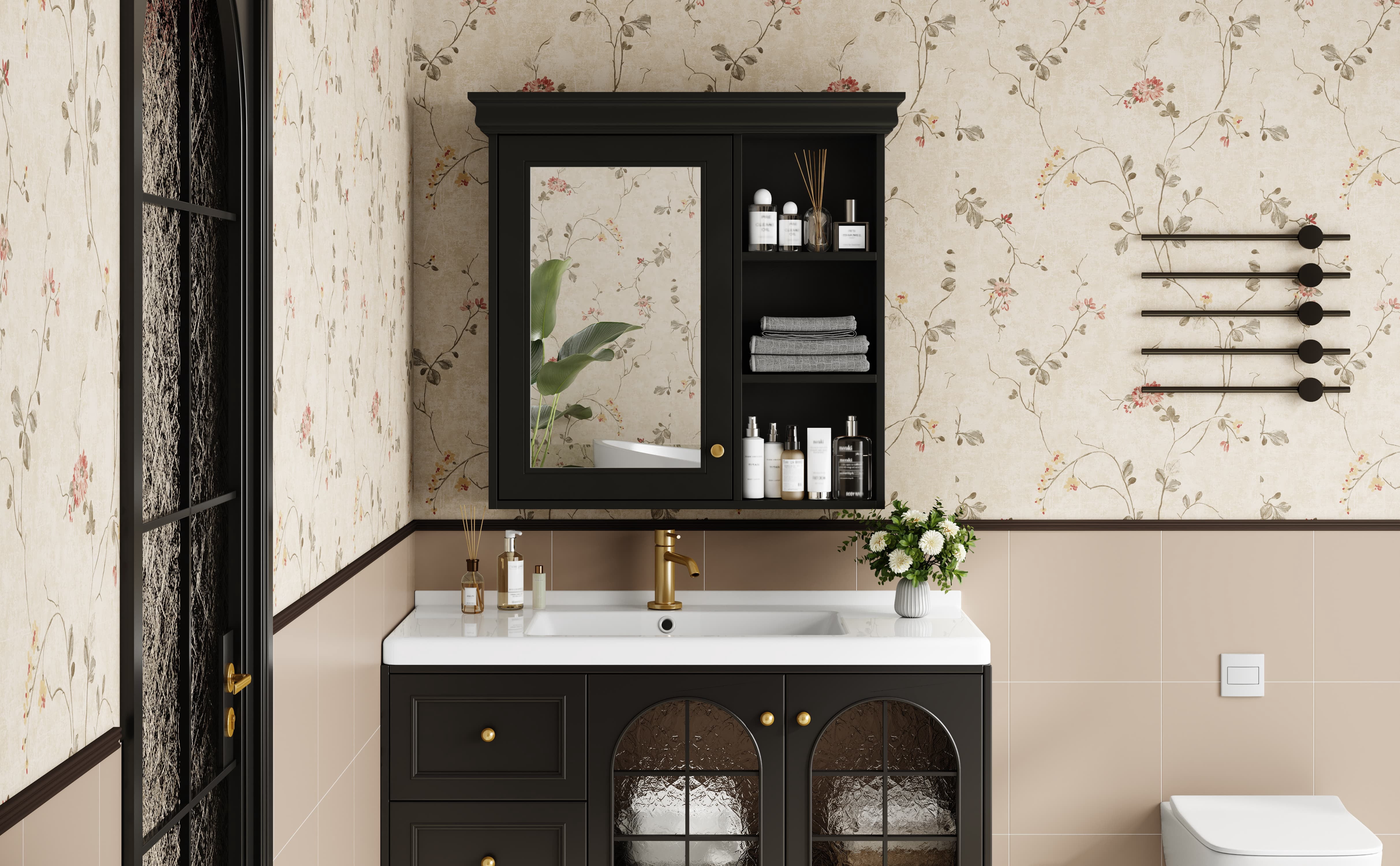 MAYEERTY 30'' x 28'' Black Bathroom Medicine Cabinet with Mirror, Wall Mounted Storage Organizer – Over Toilet Cabinet