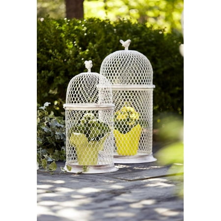 Set Of 2 White Weathered Finish Decorative Chicken Wire Cages With