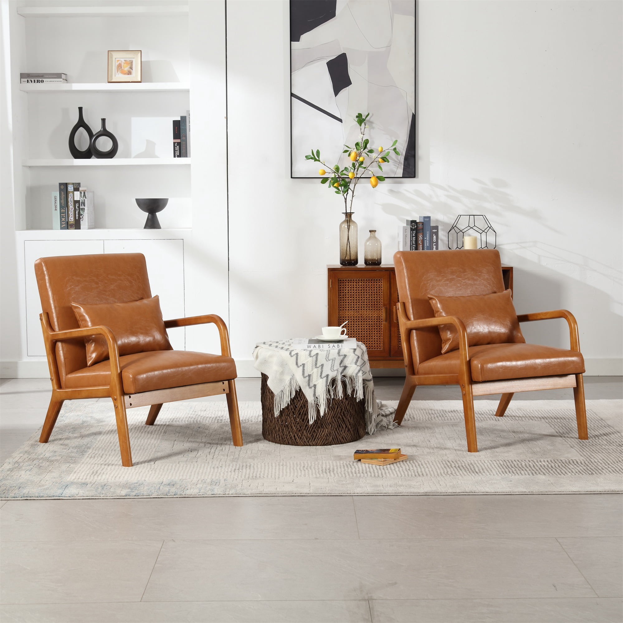 Miniyam Modern PU Leather Accent Chair, Solid Wood Lounge Reading Armchair With One Pillow for Living Room, Bedroom, Guest Room, Light Brown