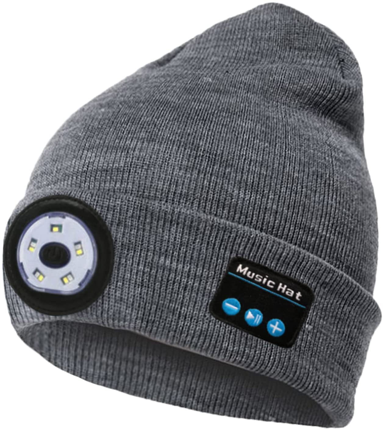 Unisex Knitted LED Headlamp Cap with Headphone Built-in Stereo Speakers&Mic,USB Rechargeable Headlight Winter Warm Gifts for Men Dad Him Women Running,Fishing Upgraded Bluetooth Beanie Hat with Light 