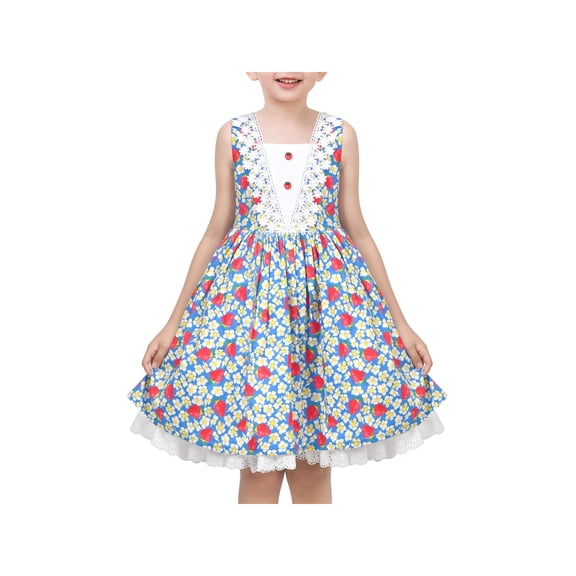 Girls Dress Floral Strawberry Print Lovely School Lace Sundress Summer 6 Years