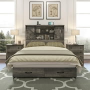 VanAcc Full Size Wooden Platform Storage Bed Frame with 51.2 Wood Bookcase Headboard(Rustic Grey)