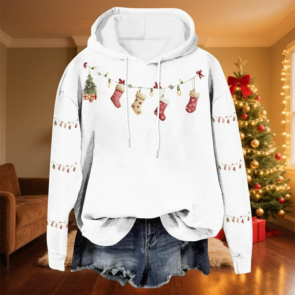 ClodeEU Women's Christmas Sweatshirt With Hooded,Fashions Long Sleeve Pullover with Pocket White,Womens Plus XXL
