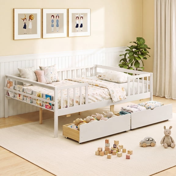 Costway Full Size Daybed with Fence and 2 Drawers,Railings & Slats Support, Bed Frame White