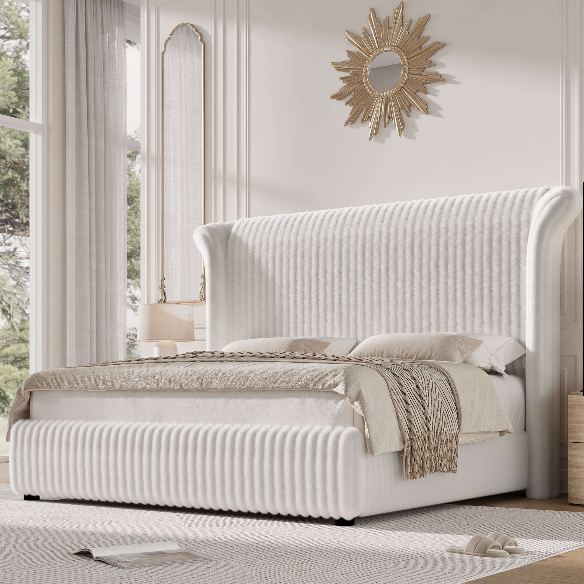 Hiphuta Corduroy Upholstered Queen Size Bed Frame with Headboard, LED Platform Queen Bed Frame with 55"H Tall Vertical Stripe Corduroy Wingback Headboard, White
