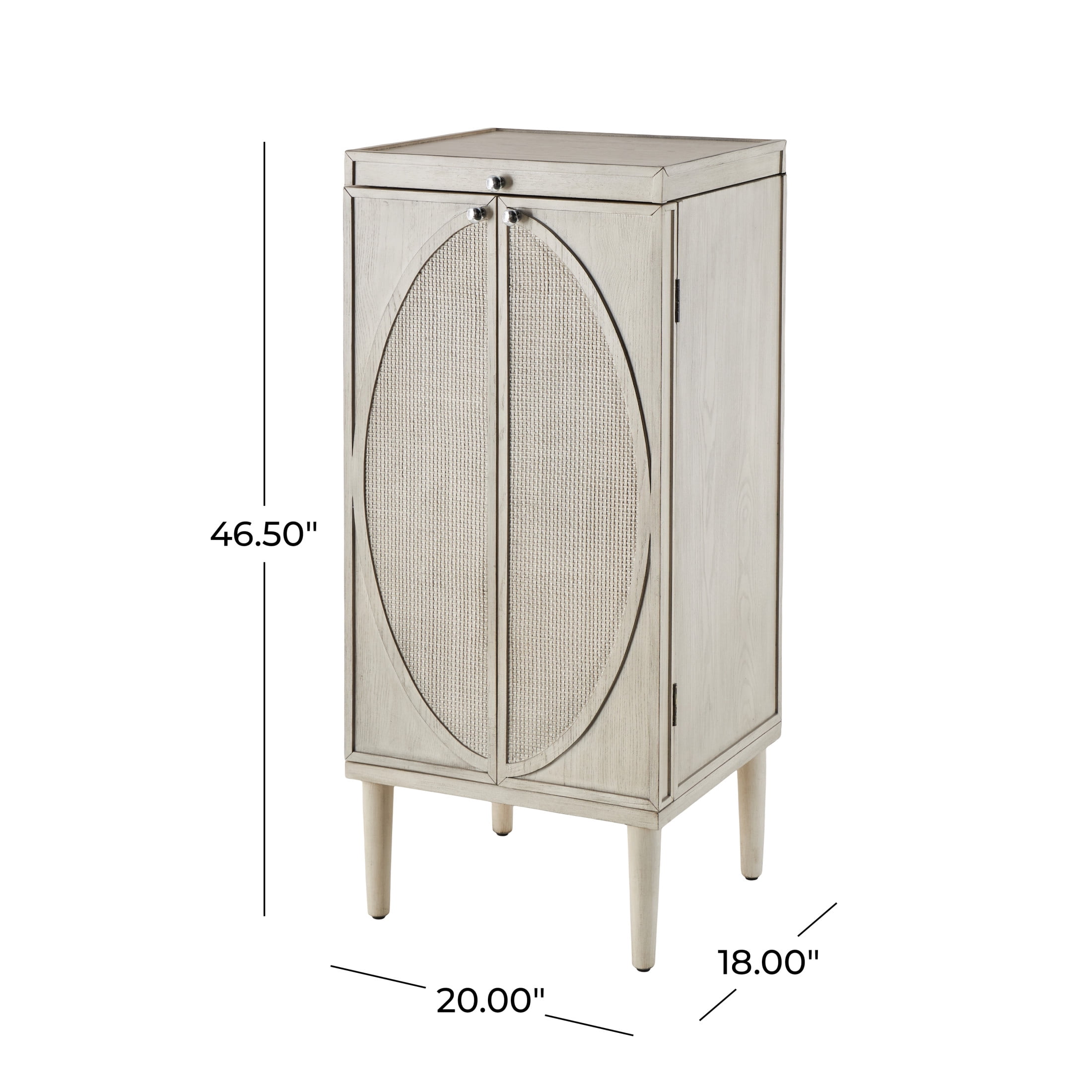 DecMode 20" x 47" Light Gray Wooden Oval Rattan Jewelry 2 Door, 6 Drawer, and 32 Hook Geometric Cabinet with Mirrored Lift Top, 1-Piece