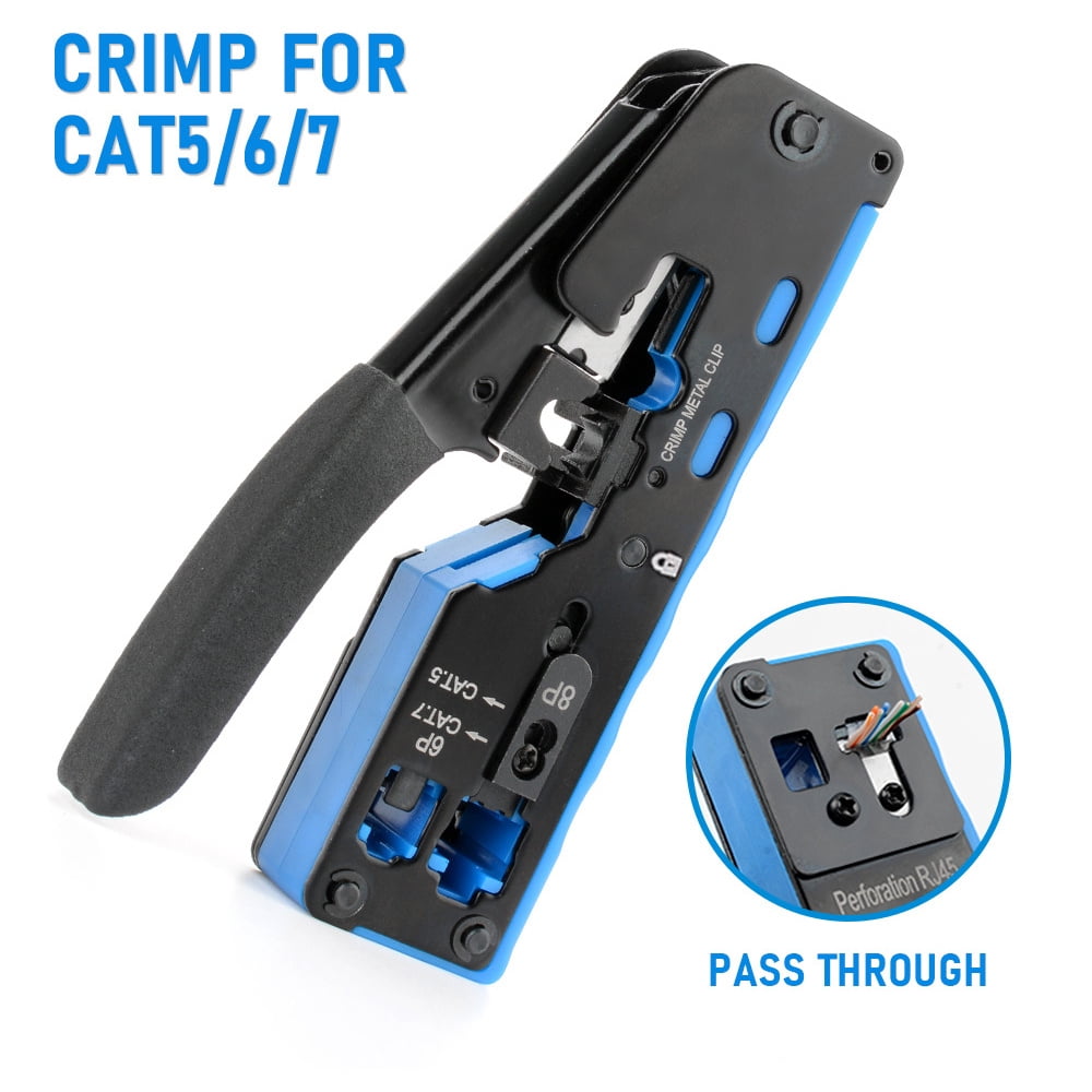 Professional RJ45 Crimp Tool with Pass-Through Technology - 8P8C Ethernet Cable Crimper, Stripper, and Cutter for Cat7, Cat6, Cat6a, Cat5e - All-in-One Network Cable Tool with Carbon Steel Body