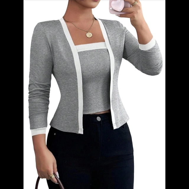 Conjunto de Dos Piezas de Cárdigan con Bloques de Color en Contraste para Mujer, Cárdigan Corto de Larga y Chal A Rayas. Gris S