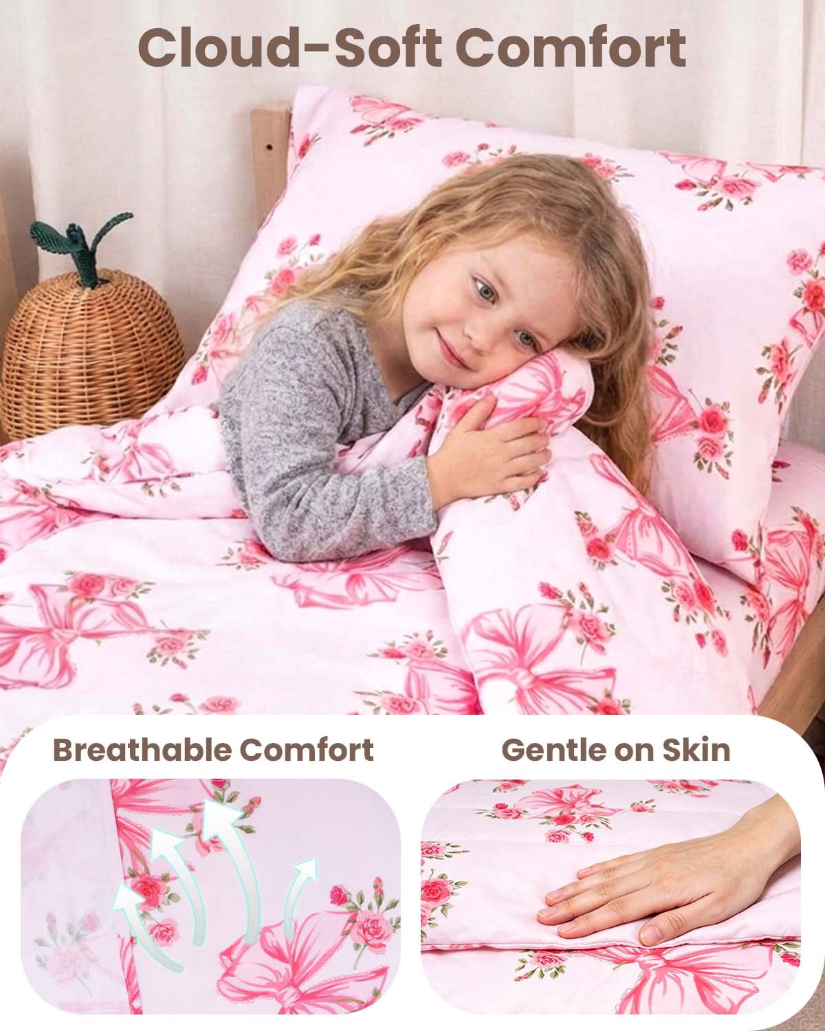 Beavtaens 4 Piece Toddler Bedding Set, Breathable and Soft Baby Sheet Set, Includes Quilted Comforter, Flat Sheet, Fitted Sheet and Pillowcase for Girls