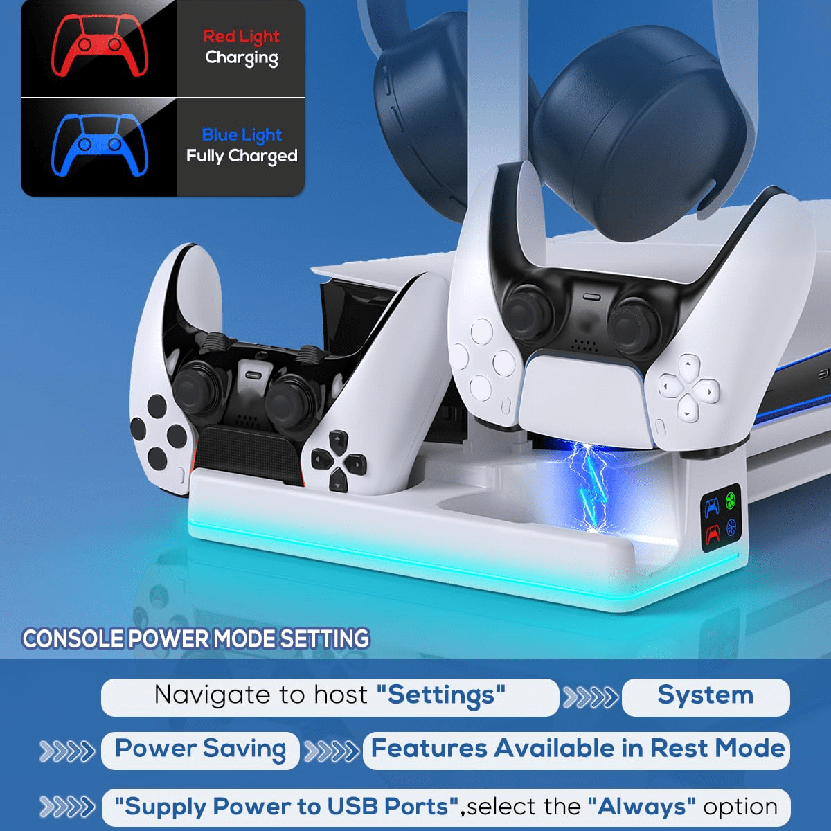 Horizontal Charging Stand & Cooling Fan Station for PS5 Slim Digital & Disc, Dual Charger for DualSense Controllers with 14 RGB Light Modes & Headset Holder Accessories-White