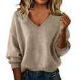 thumbnail image 2 of Sweaters for Women V Neck Long Sleeve Trendy Knitted Pullover Soft Warm Sweater Tops Camel XL, 2 of 6