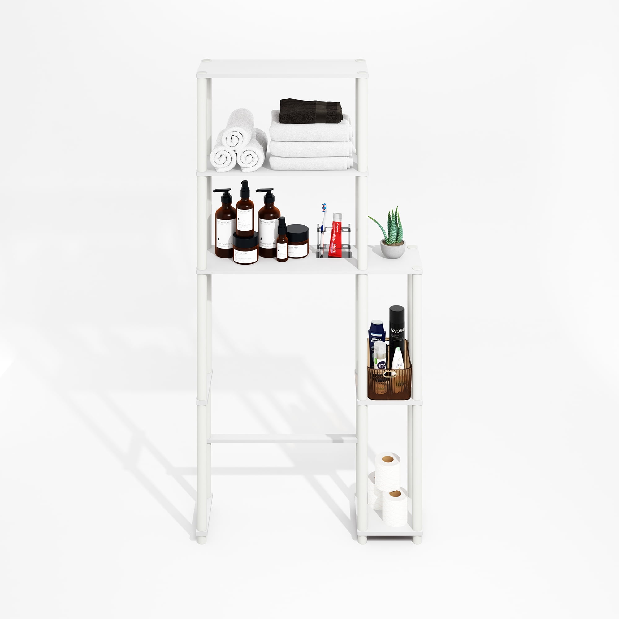 Furinno Turn-N-Tube Freestanding Over-The-Toilet Bathroom Shelves, Storage Rack with 5 Shelves, Plain White/White