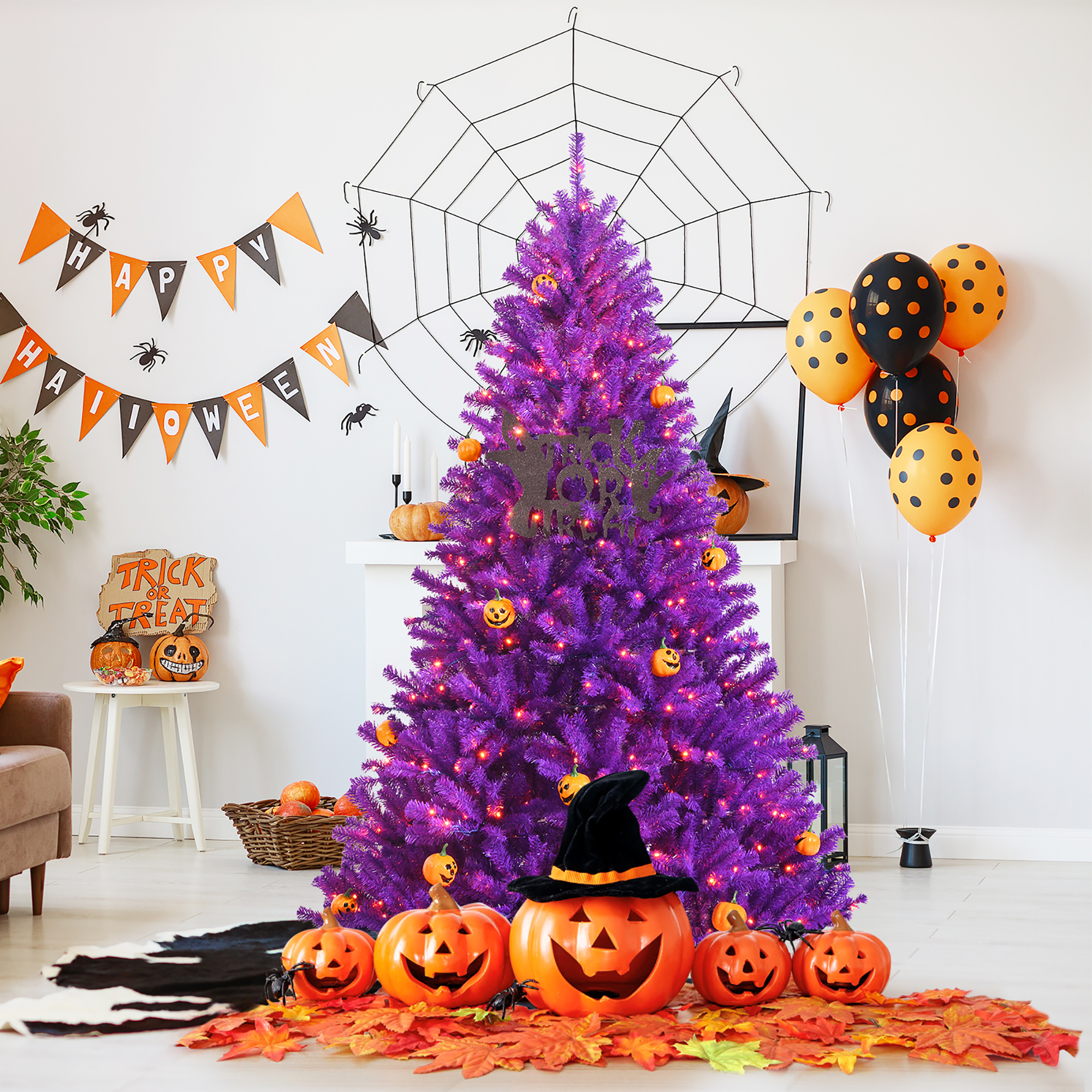 6ft Pre-lit Purple Halloween Christmas Tree w/ Orange Lights Pumpkin Decorations - image 3 of 10