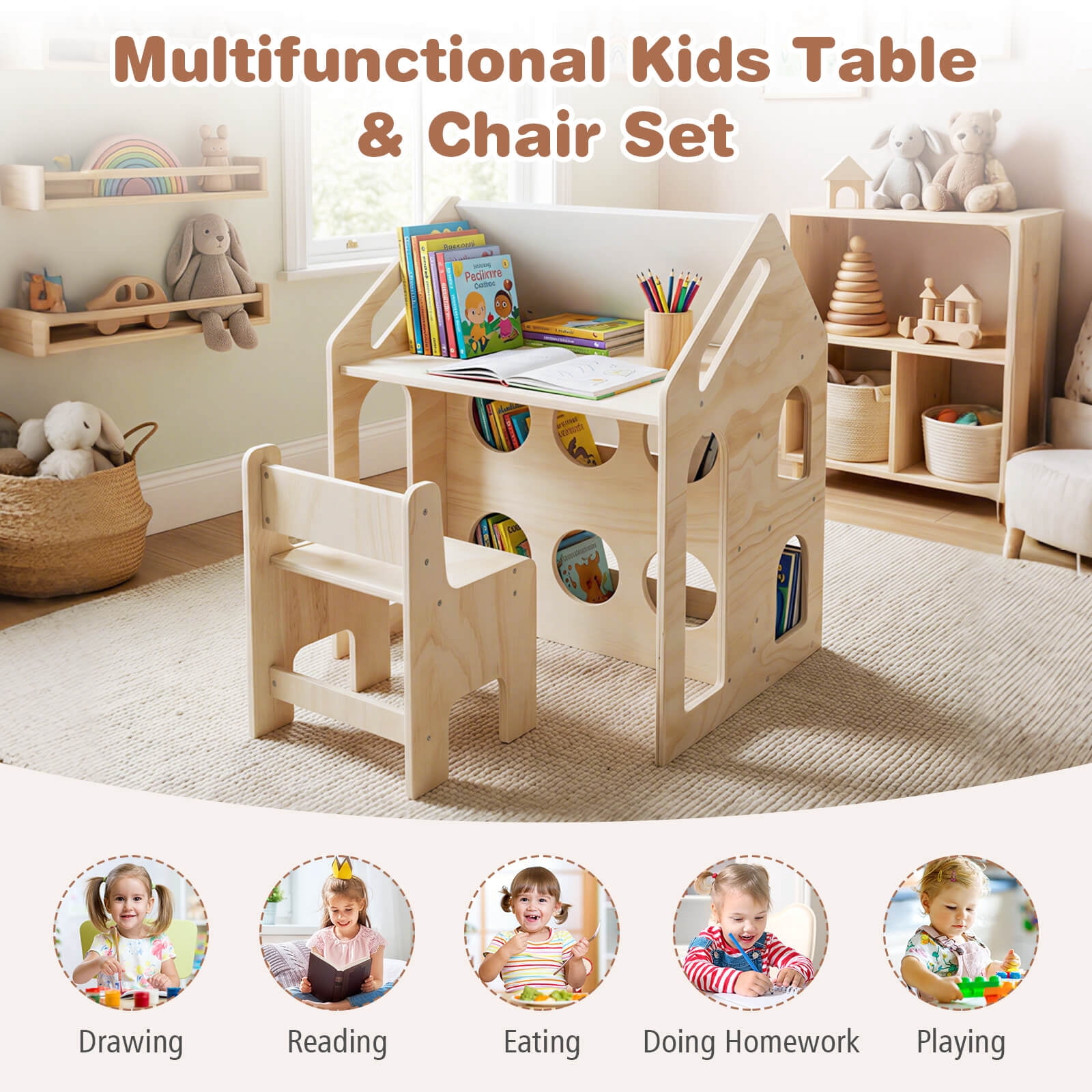 Costway House-shaped Kids Table & Chair Set with Top Chalkboard, 2 Open Storage Shelves Natural + Black