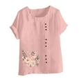 thumbnail image 4 of YOTAMI Plus Size Summer Linen Tops for Women Fashion Short Sleeve Graphic T Shirts for Party Floral Print Crew Neck Oversized Clothes Pink, 4 of 4
