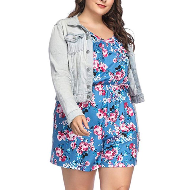 ICHUANYI Clearance Women Plus Size Casual Sleeveless Printing Loose Sling Rompers Shorts(Blue, XXXL) Ichuanyi Ichuanyi