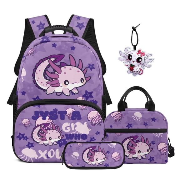 Garronmavis Kids Backpack and Lunch Box Set, 4-Piece Girls & Boys Kids Backpack Set with Lunch Bag & Pencil Case & Cute Axolotl Keychain, for Elementary School