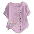 thumbnail image 2 of ICHUANYI Clearance Women's Short Sleeved Casual Plus Size Round Neck Printed Loose Button Cotton Linen Top(Red, XL) ICHUANYI WER2023081013308, 2 of 5