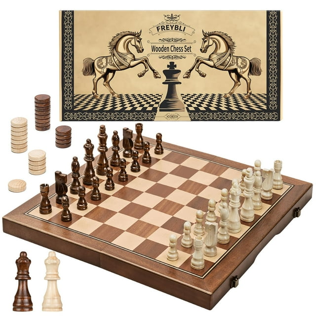 FREYBLI Magnetic Wooden Chess Board Set for Adults Kids, Handcrafted 15 Inch Chess and Checkers Set, Folding Portable Travel Unique Chess Game for Tournament Professional