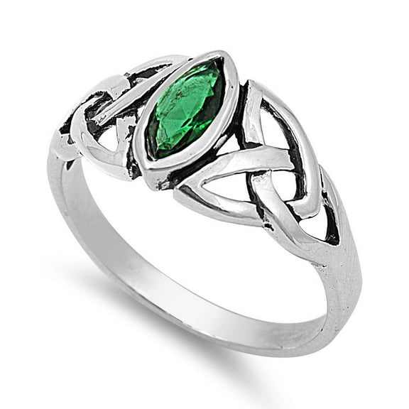 Wicca Triquetra Simulated Emerald Cubic Zirconia Ring Sterling Silver 925