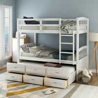 Harper & Bright Designs Twin over Twin Wood Bunk Bed with Trundle and Drawers, White