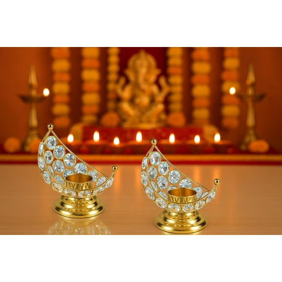 Crystal Moon Tealight Candle Holder for Home Decor | Decorative Tea Light Holder | Golden Candle Stand for Pooja Room | Return Gifts for Diwali | Set of 2 Diyas
