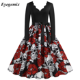 thumbnail image 1 of Disfraces de Halloween con estampado de calaveras para mujer, manga larga, vestido de ama de casa de los años 50, fiesta de noche, graduación, disfraces de cosplay elegantes y aterradores, 1 of 5