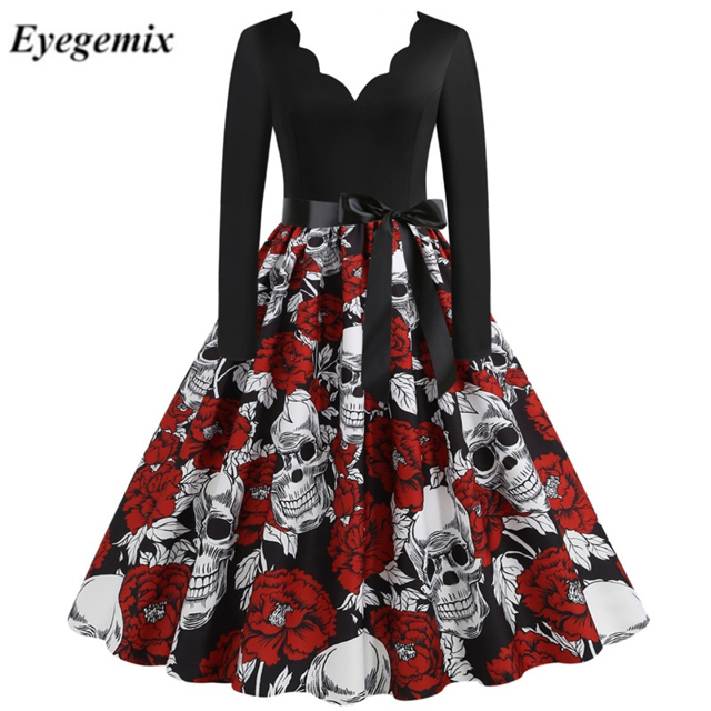 Disfraces de Halloween con estampado de calaveras para mujer, manga larga, vestido de ama de casa de los años 50, fiesta de noche, graduación, disfraces de cosplay elegantes y aterradores