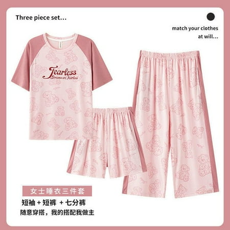 

QWZNDZGR Summer New Capris 3 Piece Sets Elegant Women Sleepwear Short Sleepwear Floral Female Pajama Sets Pyjamas Loose Home Pijama Mujer