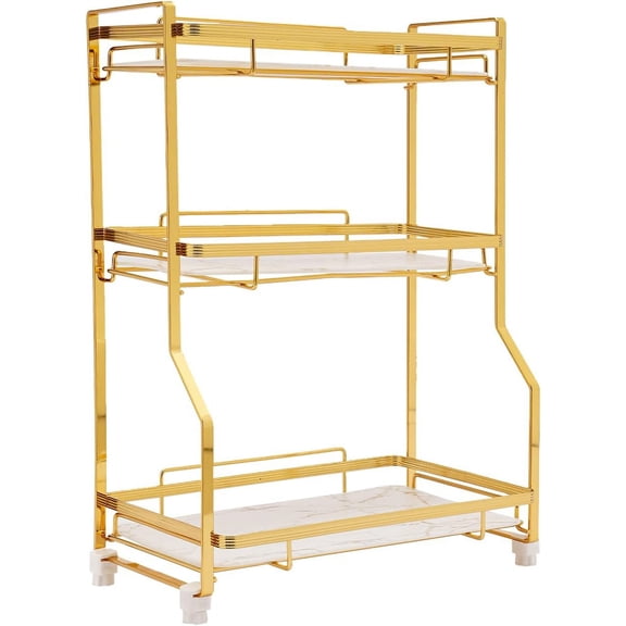 3 Tier Dresser/Bathroom Organizer Countertop Perfume Makeup Organizer Skincare Cosmetics Storage Display Rack, Vanity Tray Dresser Desktop Corner Stand Home Office, Kitchen, Bathroom (Gold White)