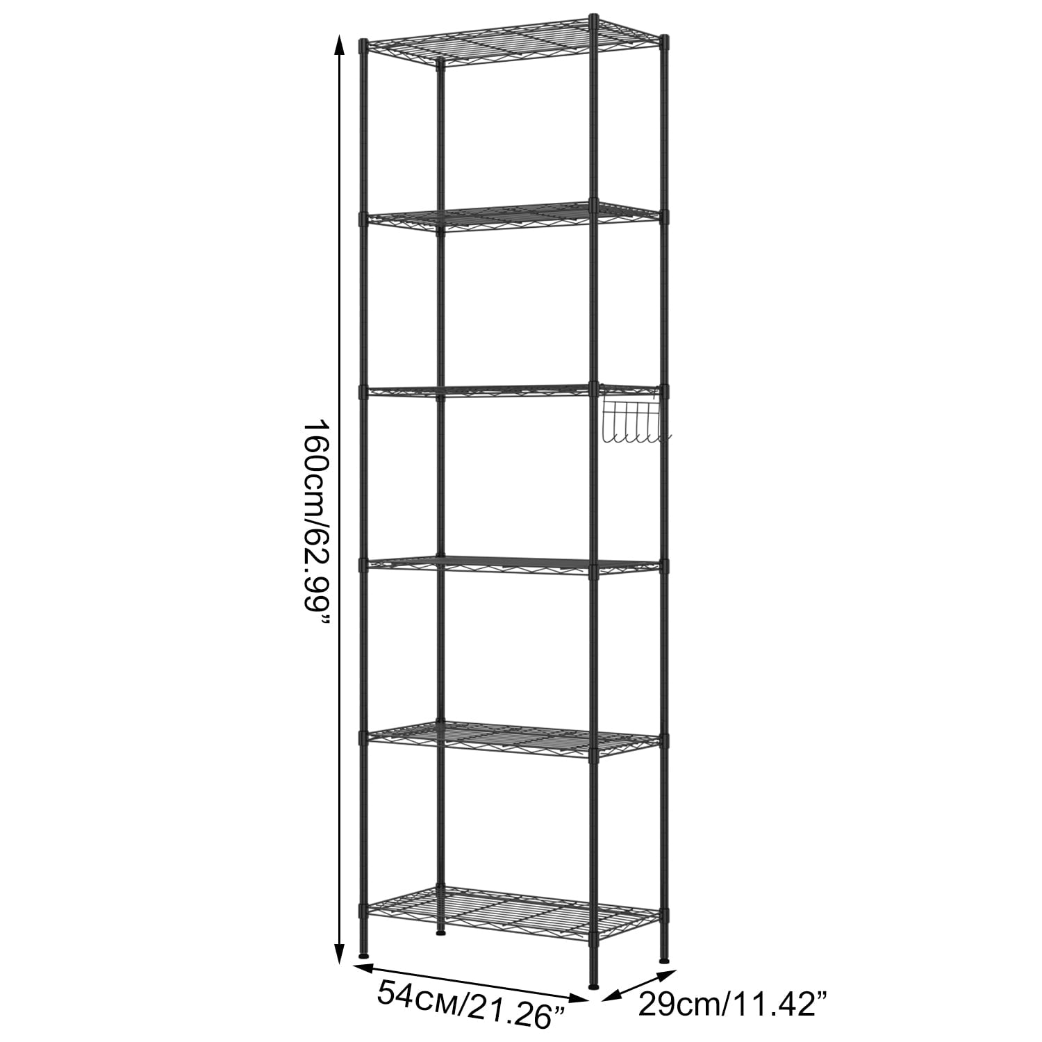 Sailvan 6-Tier 63"H Metal Storage Rack with Wheels, Slim Wire Shelving Unit for Pantry Kitchen Bathroom, Adjustable Shelves with Hooks, 530lbs Cap,Black