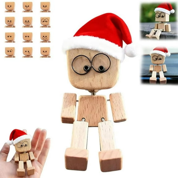 Shaking Wooden Man Figurine, Shaking Feet Woodens Doll with 12PCS Magnetic Expressions, Handmade Shaking Feet Wooden Car Dashboard Decorations, Creative Wood Desktop Decor(with Santa Hat,1 Set)