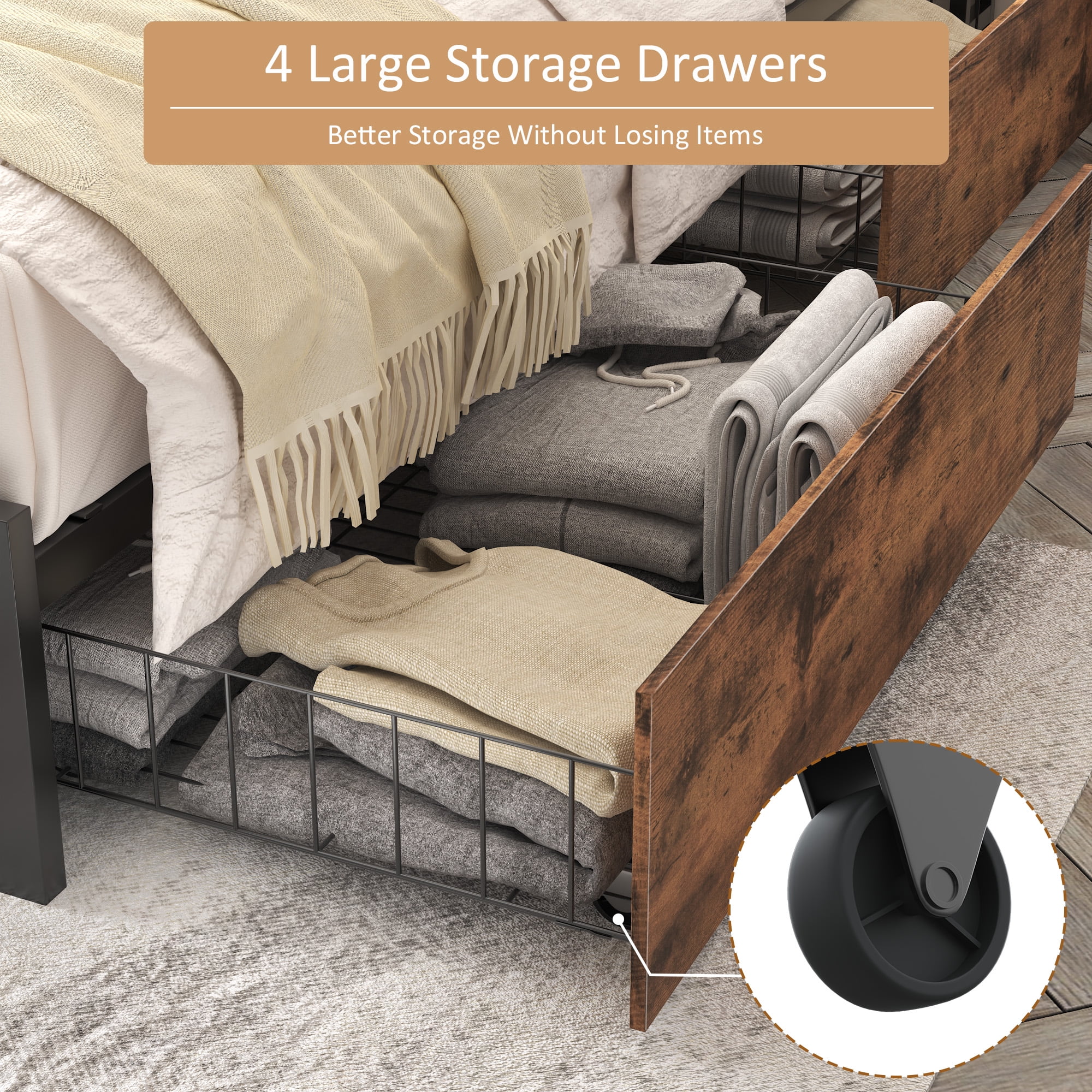 Lifezone Queen Bed Frame with Headboard Platform Bed with Charging Station & LED, 4 Storage Drawers, Metal Support, Vintage Brown