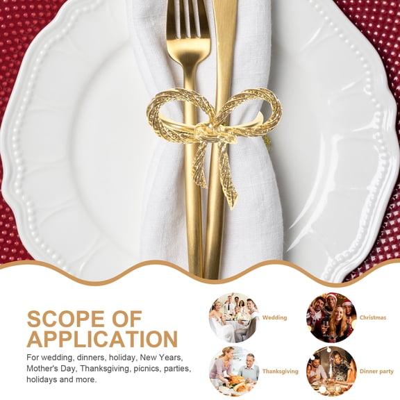 Oecoator 6 Pcs Gold Napkin Ring Bow Holder Christmas Dinner Supplies Wedding Decorations Serviette Buckle Table Ornament Banquet