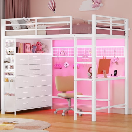 Afuhokles Twin Loft Bed with Desk,14 Storage Drawers and Power Outlet, Pegboard, Metal Loft Beds, White