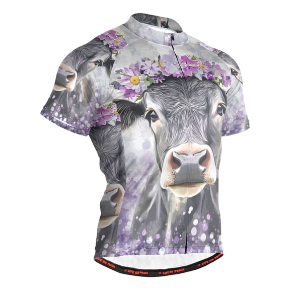 joogoo Cow Wearing Flower Pattern Men's Cycling Jerseys Mountain Bike Short Sleeve Tops L