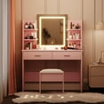 thumbnail image 4 of Ourlova Vanity Desk with Mirror & Lights, Stool, Power Outlet, 6 Storage Shelves, 2 Drawers, 3 Color Lighting, 4 of 6