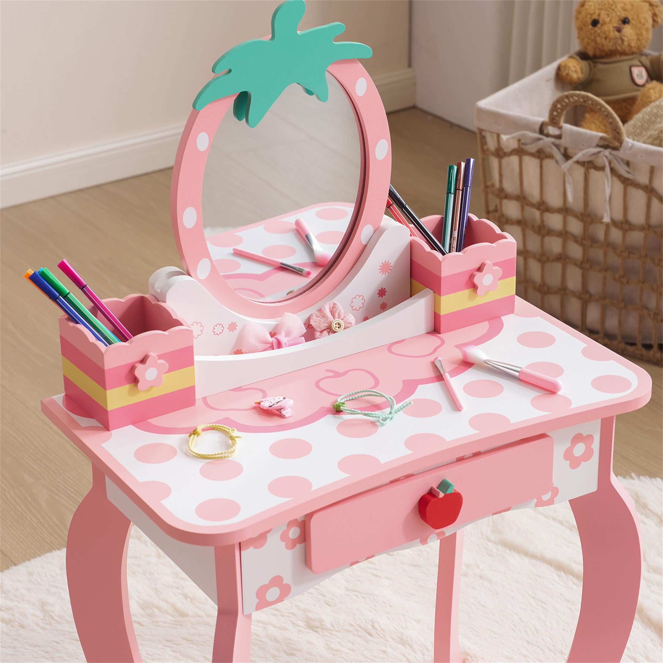 SESSLIFE Kids Vanity Set with Mirror and Drawers, Wooden Princess Makeup Desk Set, Toddler Dressing Table Set, Pretend Play Kids Vanity Table and Chair Set for Little Girls aged 3+, White