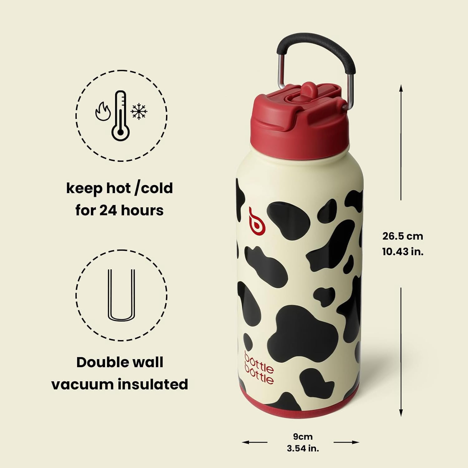 BOTTLE BOTTLE 32 oz Insulated Water Bottle Stainless Steel Sport Water Bottle with Straw Dual-use Lid Design for Gym with Pill Box (cow)