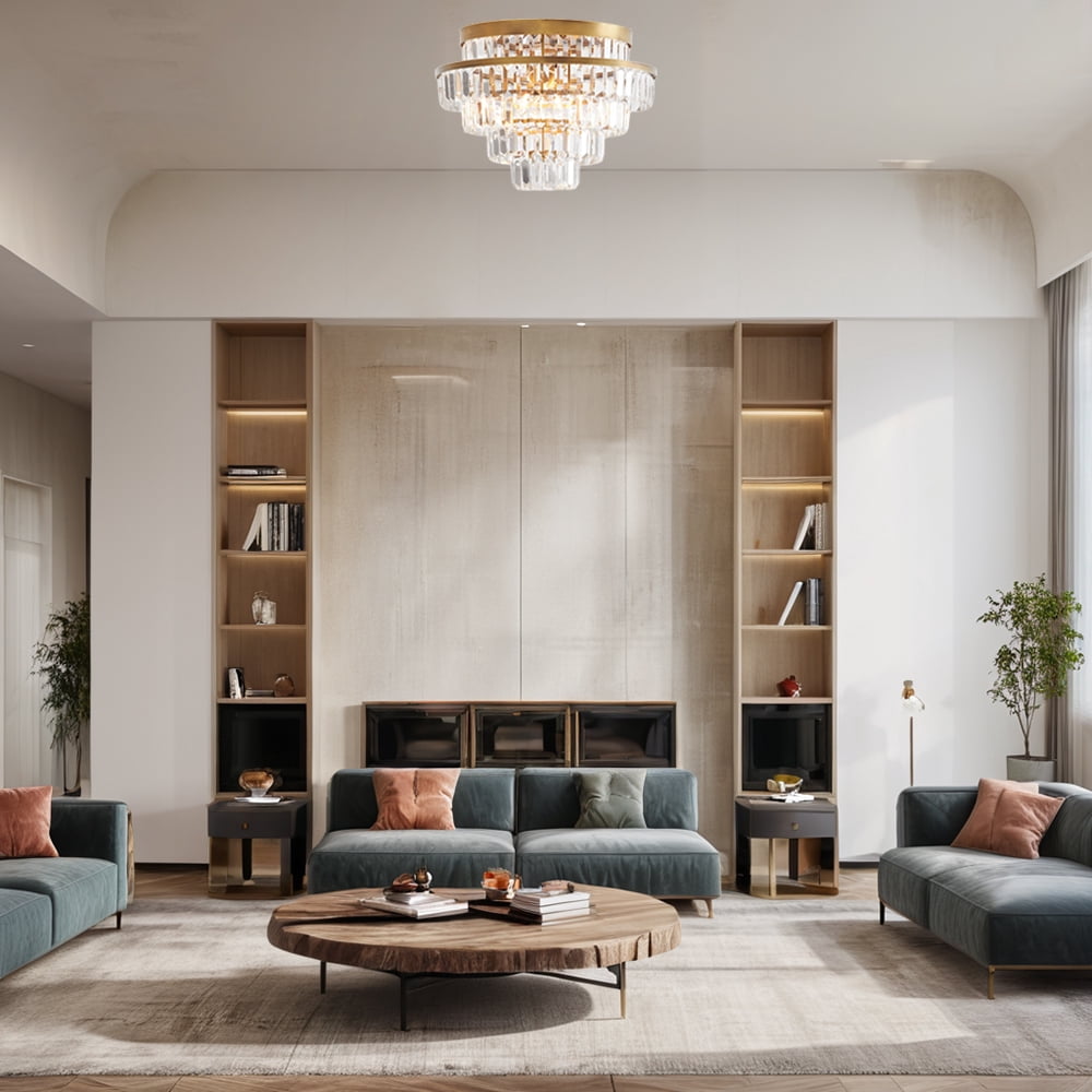Mordern Round Antique Brass Crystal 17.75 Inch Flush Mount Light, Unique Elegant Semi Flush Mount, Hand-polished Ceiling Light, Close to Ceiling Light for Bedroom, Living Room, Dining Room