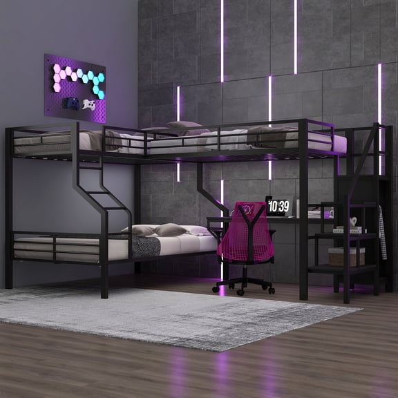 MODERNLUXE Metal Twin over Full Bunk Bed and Twin Loft Bed, 3 Beds in 1 with Desk and Wardrobe, L-Shaped with USB Charging Station, Black