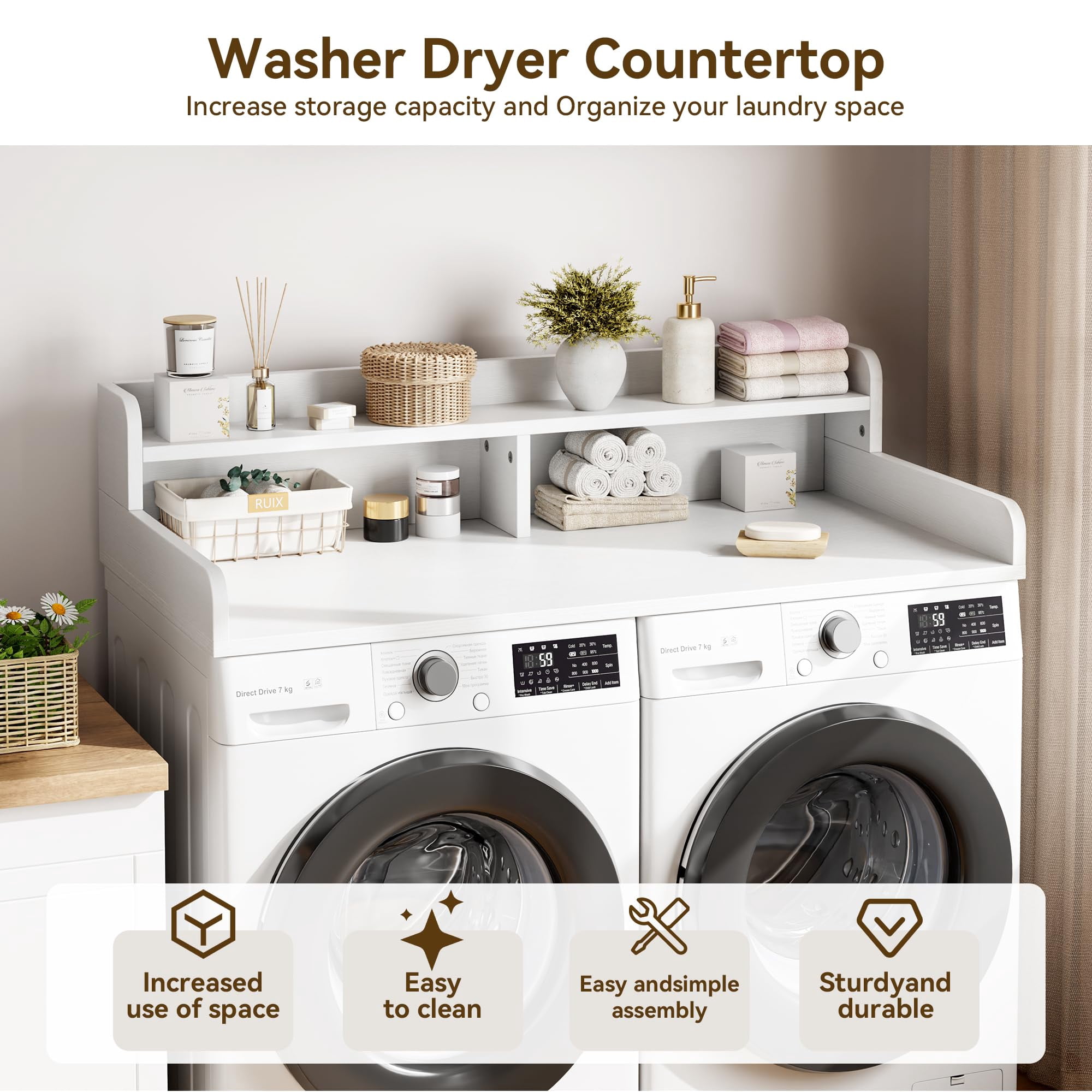 Huisuilinss Washer Dryer Countertop,2-Tier Washer And Dryer Countertop,Wood Laundry Countertop With Shelf & Drawer,Washer Dryer Topper With Non-Slip Pad And Guard Rails,Laundry Topper For Laundry Roo