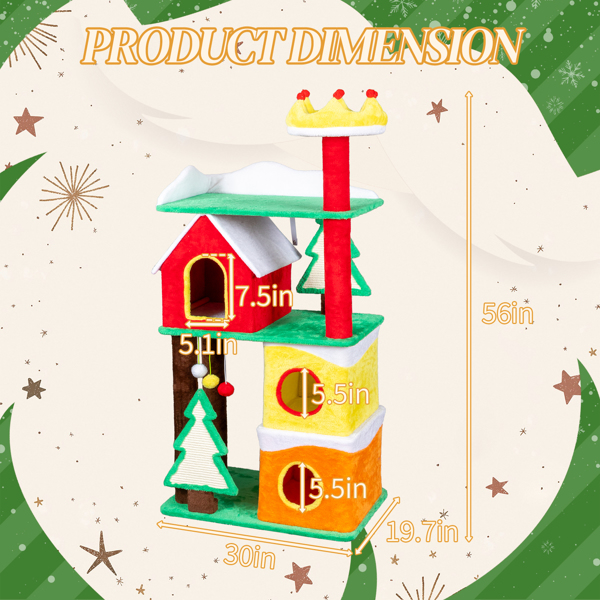 56in Christmas Cat Tree with 3 Condos & Crown Perch - Multi-Level Cat Tower with Sisal Ramps for Indoor Cats, Holiday Decor
