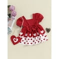 thumbnail image 4 of Baby Toddler Girl Set, Short Sleeve Square Neck Heart Print 3D Bow Dress + Heart Shape Crossbody Bag for Party Wedding, 4 of 9