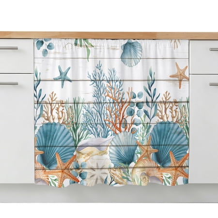 Cabinet Curtain Ocean Coral Kitchen Shelf Curtain Desk Under Sink Curtain Skirt Privacy Drape Cover Seagrass Starfish Conch Shell Wood Cabinet Curtains for Kitchen Shelves Laundry Room 28x35 Inch