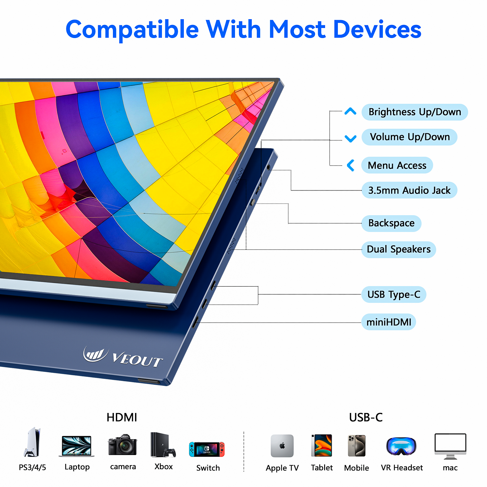 16 Inch Portable Monitor for Laptop, 1920x1200P Ultra-Slim FHD IPS 16:10 External Display, 100% sRGB Aluminum Stand, USB-C/Mini HDMI, Use for PC, Phone, Office (Blue)