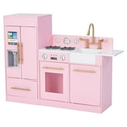Teamson Kids Little Chef Charlotte Modern Play Kitchen with Free-Standing Refrigerator, Separate Kitchenette Unit, & Interactive Features, Pink