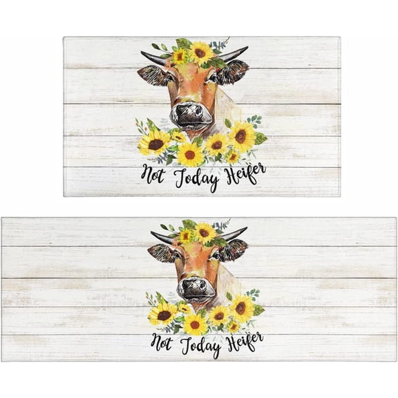 Farmhouse Kitchen Rugs and Mats Non-Slip Washable Anti-Fatigue Kitchen Mats 2 Pieces, Cow Kitchen Rug Floor Comfort Mats for Kitchen Sink Front Two Piece, Wood Grain Colors 17x30 17x47 Inches