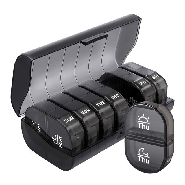 Píldora Organizador Píldoras Caja Medicina Cajas Cajas de 7 días Dispensador de división para tabletas Suplemento de aceite de pescado para paciente adulto negro kenally HA025795-01